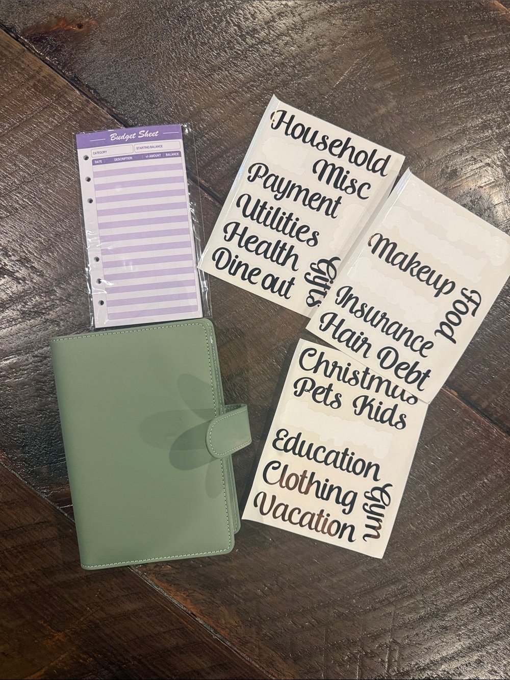 Green Faux Leather Home Planner with Budget Inserts and Script Category Stickers